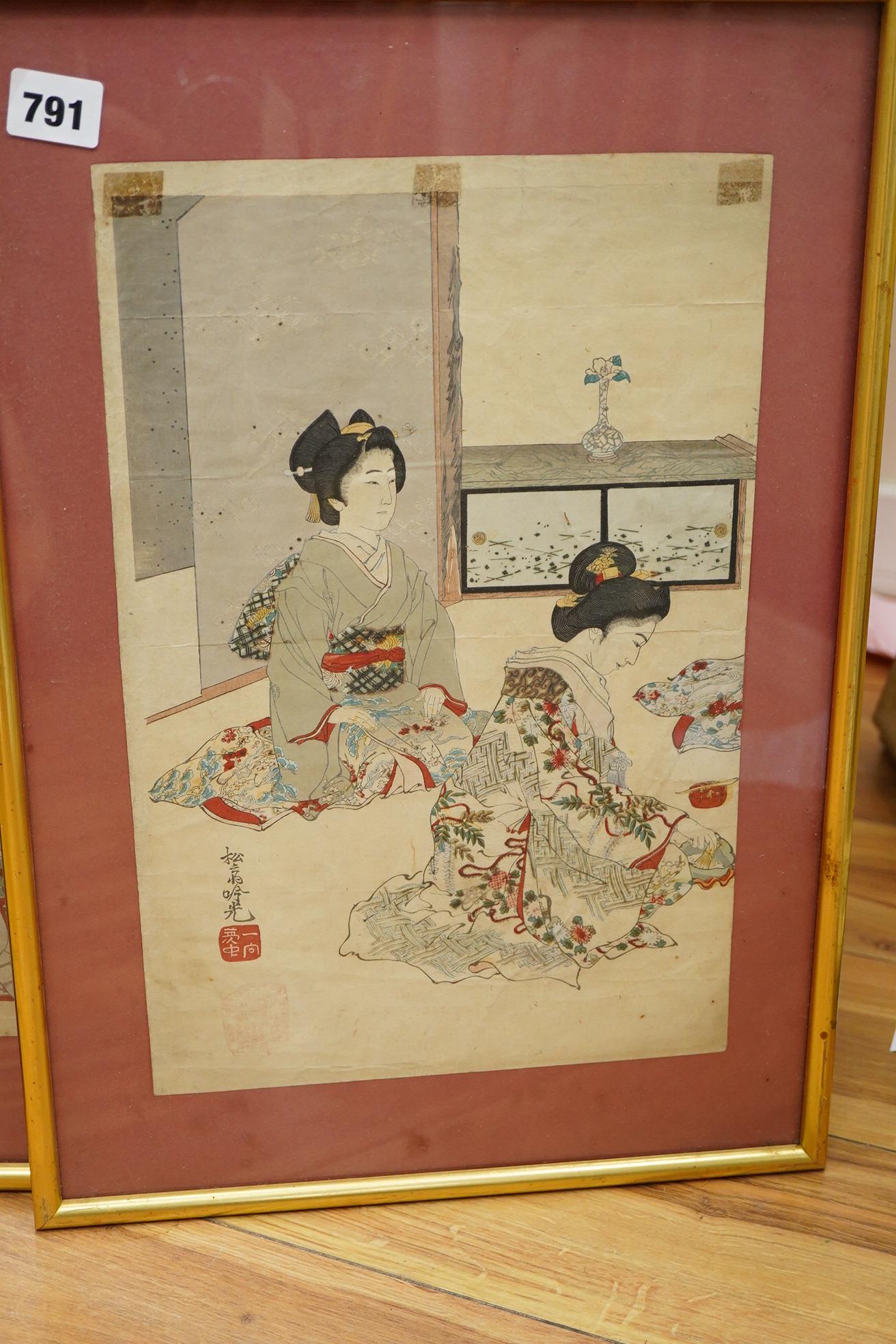 A pair of Japanese woodblock prints, women wearing kimonos and a watercolour, birds and sprigs, each framed